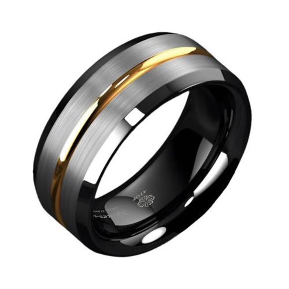 Men's Wedding Band - Silver Brushed Black Edge With Gold Line - Rings View 6